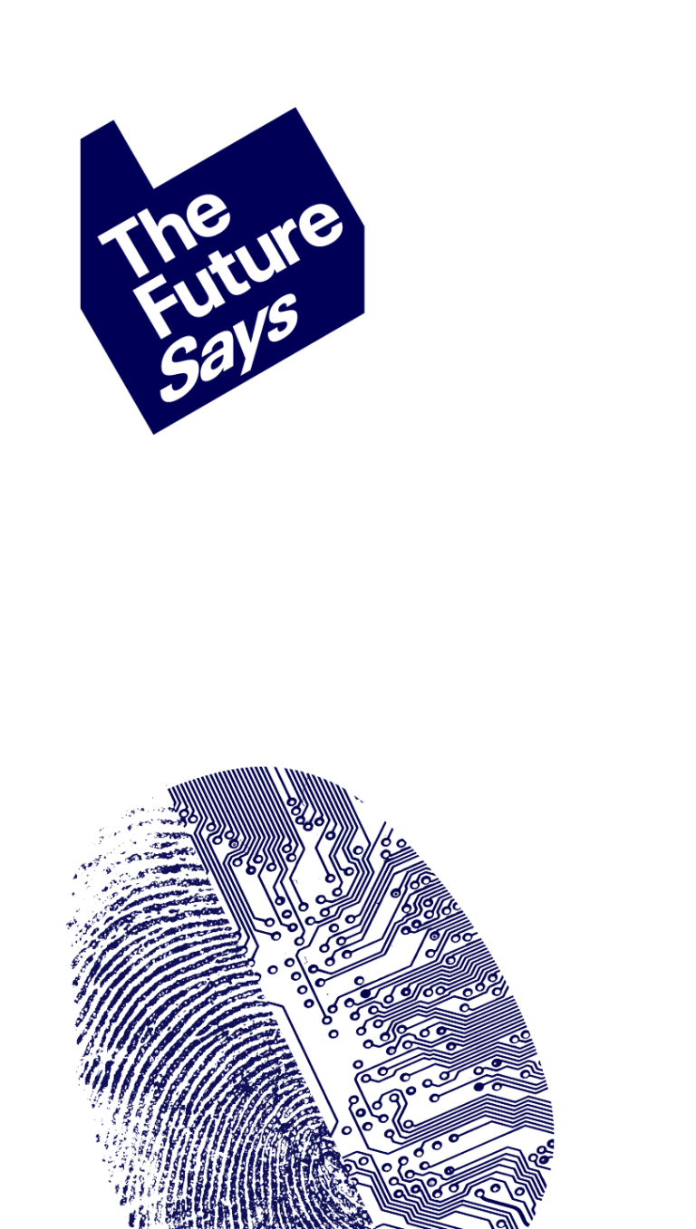 A fingerprint where half of it is a circuit board with the text 'The Future Says make AI part of the answer'