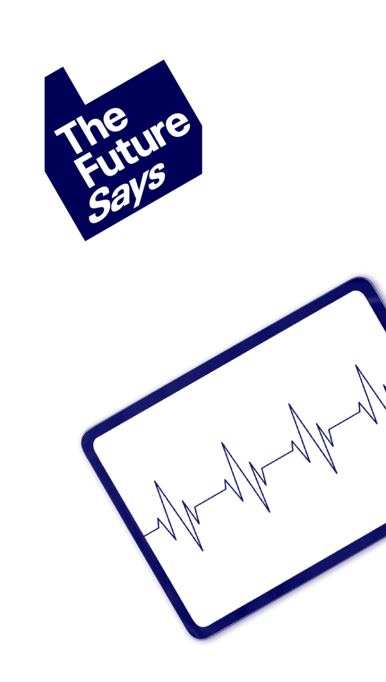 A heart monitor screen with the text 'The Future Says technology is vital'